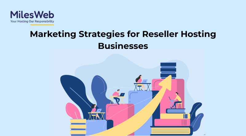 Illustration of digital marketing strategies for promoting a reseller hosting business with icons of cloud servers, charts, and a megaphone.