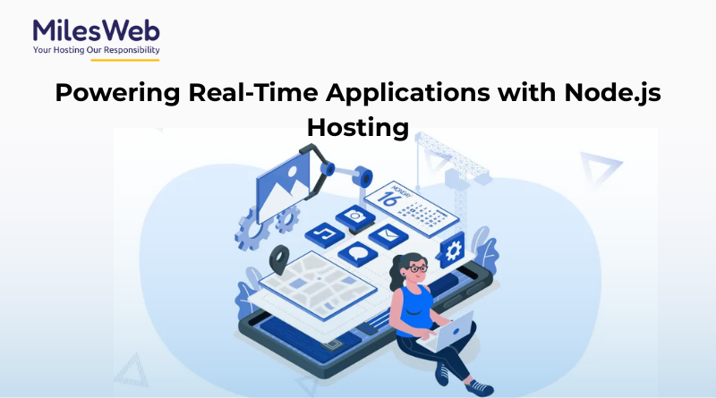 Server and web application icons representing real-time communication powered by Node.js hosting.