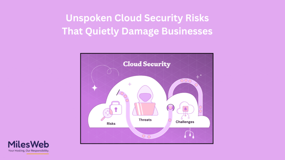 A cloud security illustration with a padlock icon and malware symbols representing hidden cloud security risks for businesses.