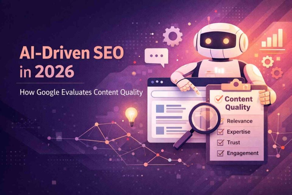 AI-driven SEO illustration showing a robot analyzing content quality, relevance, trust, and engagement in 2026