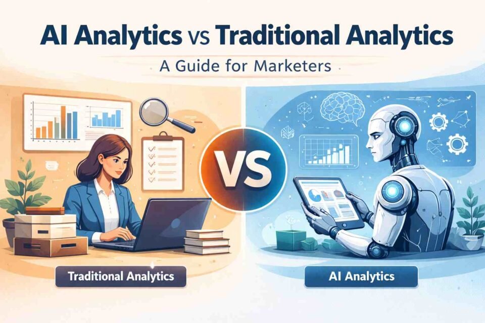 AI analytics vs traditional analytics illustration showing a marketer analyzing reports alongside an AI system processing data