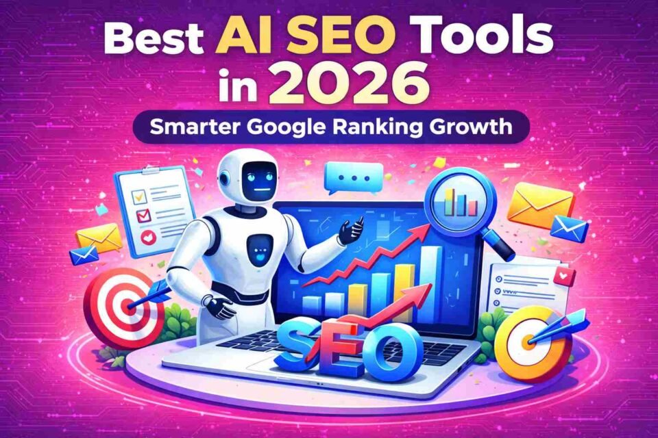 AI SEO tools illustration with a robot, laptop, ranking charts, and SEO icons on a purple-pink futuristic background for 2026