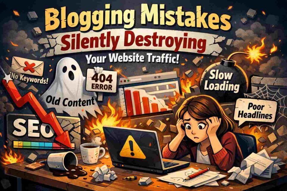 Illustration showing blogging mistakes destroying website traffic, including SEO decline, 404 errors, slow loading, poor headlines, outdated content, and a stressed blogger facing falling analytics.