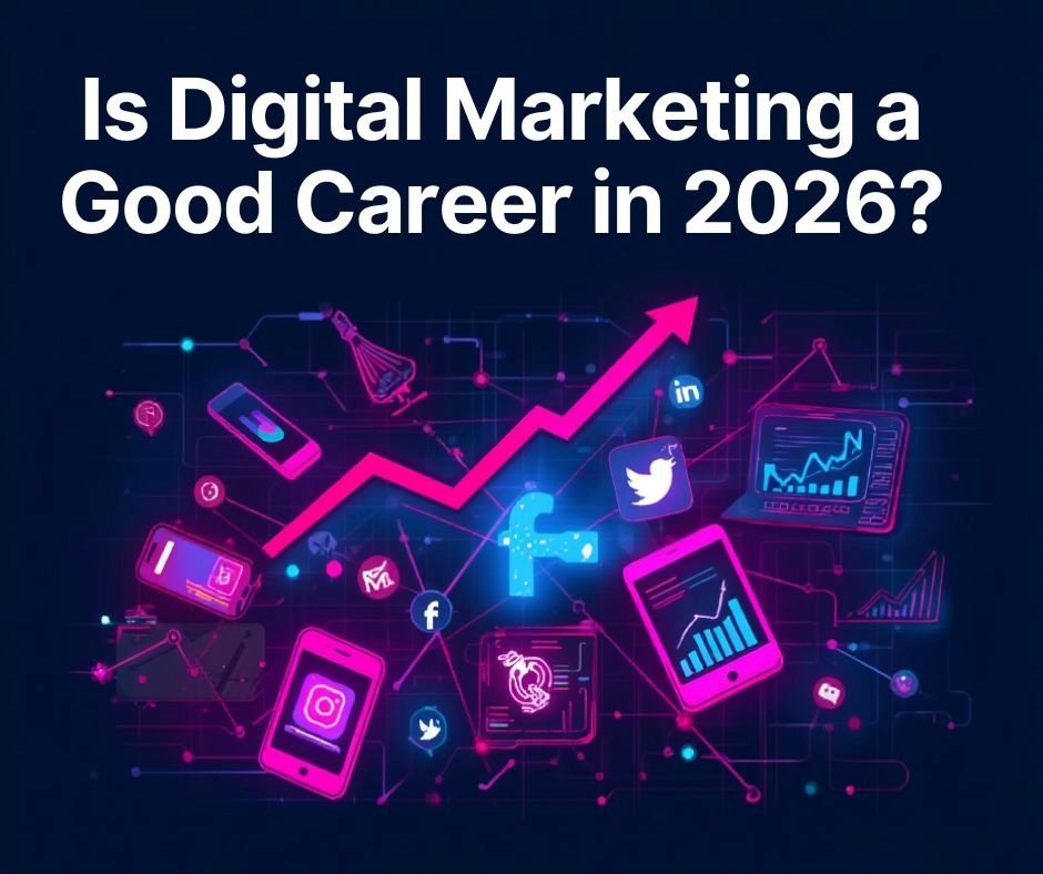 Illustration showing digital marketing career growth in 2026 with social media icons, analytics dashboards, and an upward trend arrow representing career opportunities.