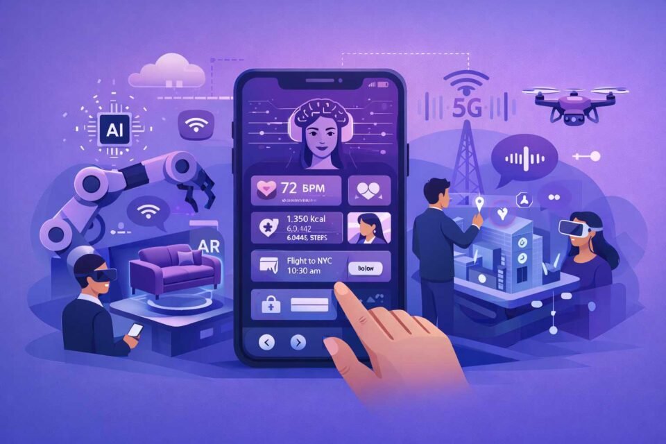 Futuristic mobile app interface illustrating 2026 app trends with AI-driven personalization, immersive UX, and smart mobile technologies