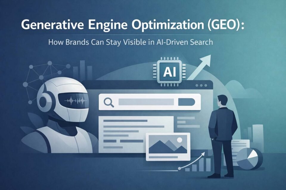 Generative Engine Optimization concept showing AI-driven search, analytics, and brand visibility strategy in a modern digital interface.