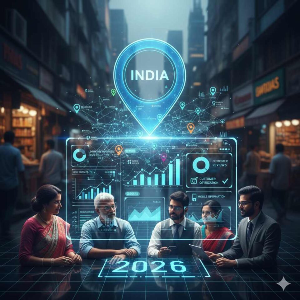 Local SEO strategies in India showing location-based marketing, data analytics, and small business growth planning for 2026