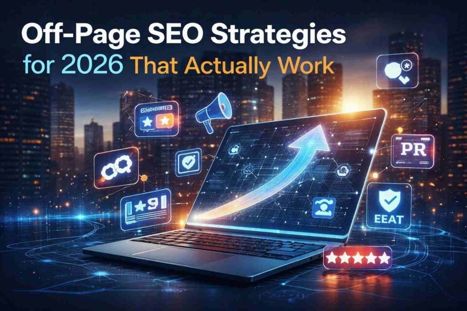 Off-page SEO strategies for 2026 illustrated with backlinks, digital PR, brand authority, E-E-A-T signals, reviews, and an upward growth arrow on a futuristic digital interface.