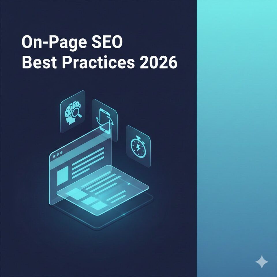 3D isometric illustration of a futuristic website interface with holographic icons for AI search, mobile optimization, and page speed, representing 2026 on-page SEO best practices.