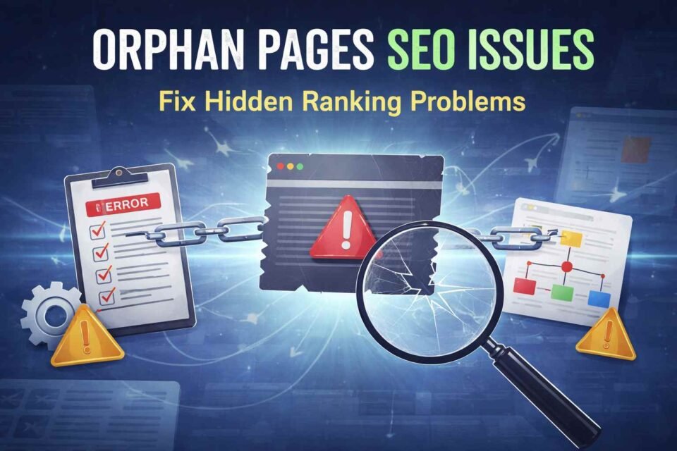 Illustration showing orphan pages SEO issues with broken internal links, error alerts, and a magnifying glass