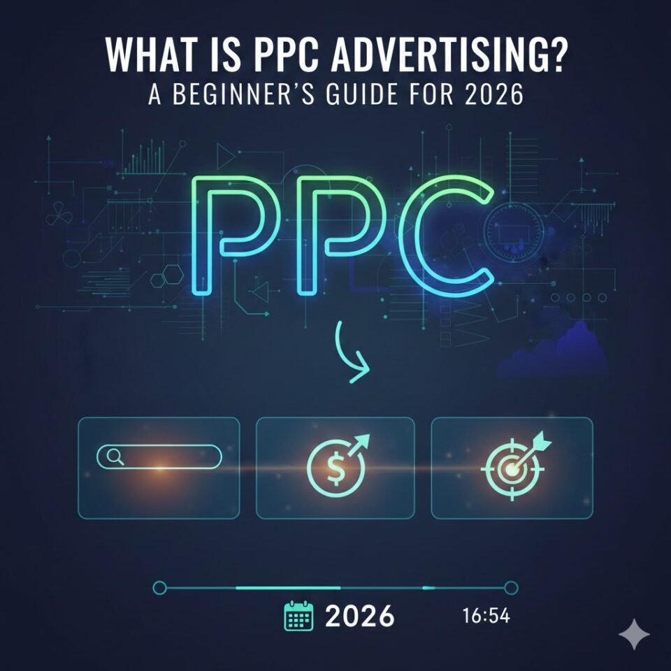 PPC advertising concept for 2026 showing large PPC text with digital marketing icons, analytics visuals, and performance symbols on a modern tech background.