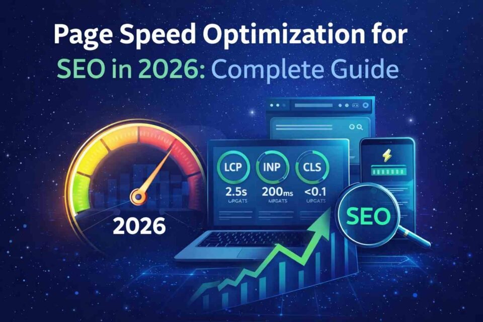 Illustration showing page speed optimization for SEO in 2026 with a speedometer, Core Web Vitals metrics (LCP, INP, CLS), mobile and desktop screens, and rising SEO performance graph.