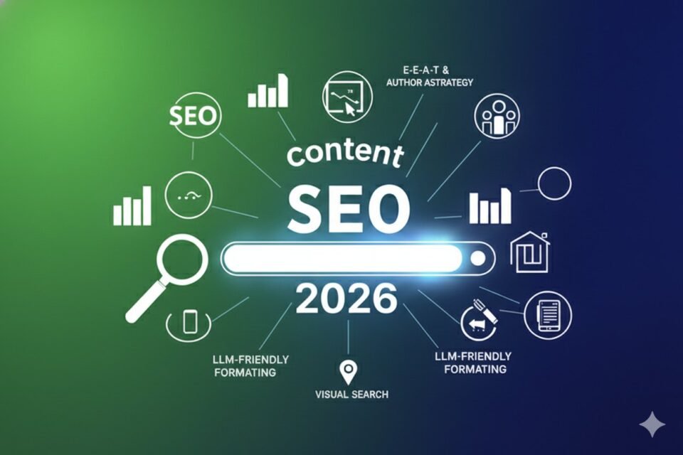 Illustration showing SEO strategy 2026 with content, LLM-friendly formatting, E-E-A-T, visual search, analytics, and AI-driven optimization elements.