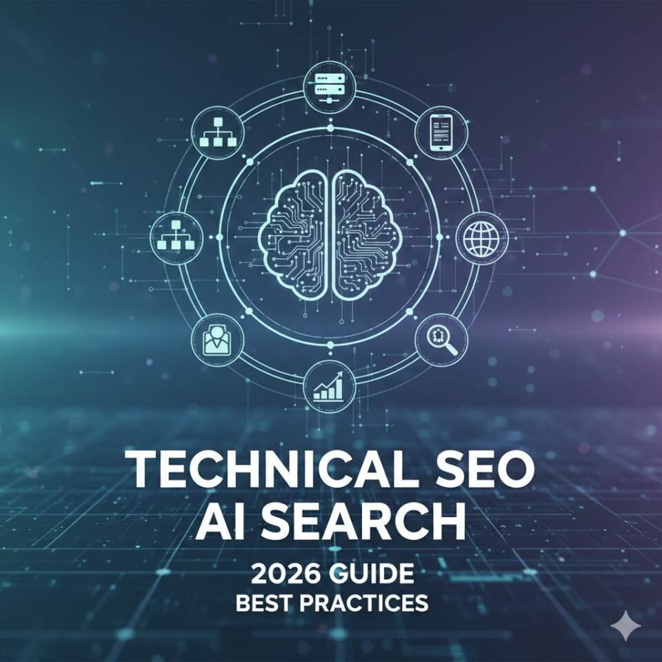 Visual representation of technical SEO optimization for AI search, showing a digital brain connected to website, data, and performance icons
